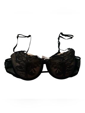 Victorias Secret Very Sexy Push Up Bra Size 36B Black Overlay Nude Lace EUC